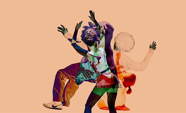 Plain light orange background. A dancer leans their torso backward with both arms raised above the head. Behind them, three other figures overlap translucently: one kneeling on the floor and two standing upright with their arms lifted.