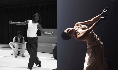 Links, in Schwarz-Weiß, öffnet und streckt eine Person auf einer Bühne die Arme, mit einem Bein vor dem anderen gekreuzt. Sie trägt ein helles ärmelloses Oberteil und eine dunkle Hose. Rechts, in Farbe, neigt eine Person ihren Oberkörper zur Seite, während beide Arme nach oben ausgestreckt sind. Sie trägt ein helles ärmelloses Oberteil und eine weite Hose.