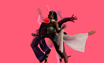 Plain bright pink background. In the center, a person in profile holds one leg lifted backward with their arms open, holding a white fabric that falls from their hands. Behind them, three translucent figures overlap in different positions, with their arms raised.